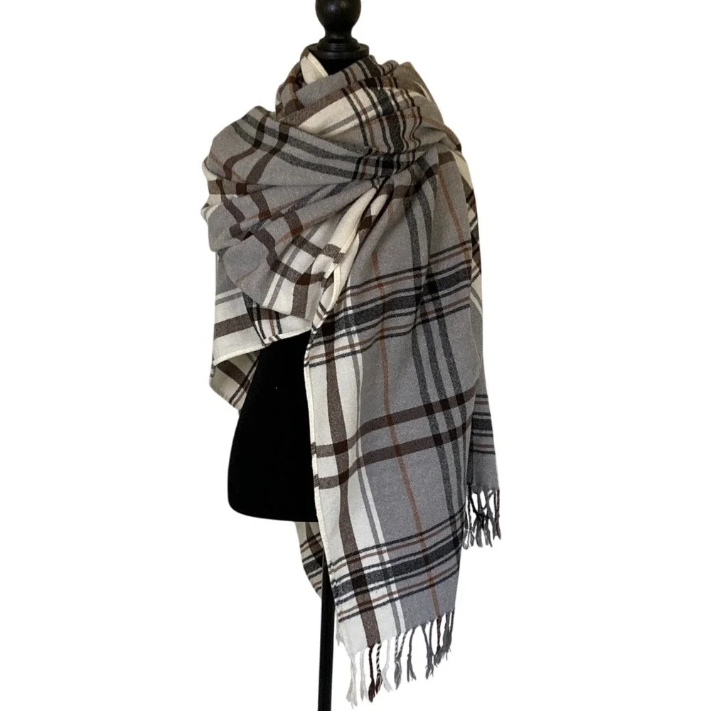 Plaid Fringe Blanket Shawl Scarf Grey Cream Brown 25x63 Classic Preppy Fall